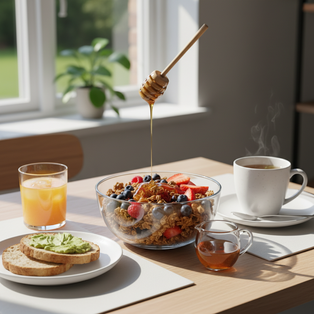 Sveiki pusryčiai su granola ir šviežiomis uogomis